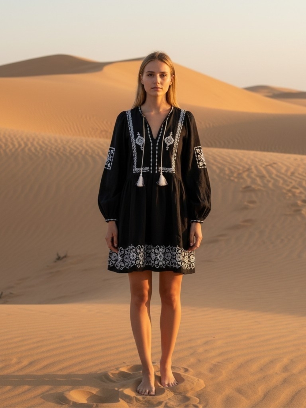 Old Navy Black Embroidered Midi Dress with White Tassels